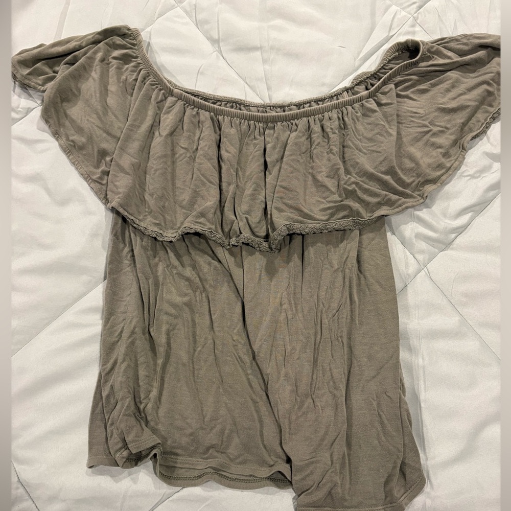 American Eagle Outfitters Off-Shoulder Ruffle Tunic in Taupe
